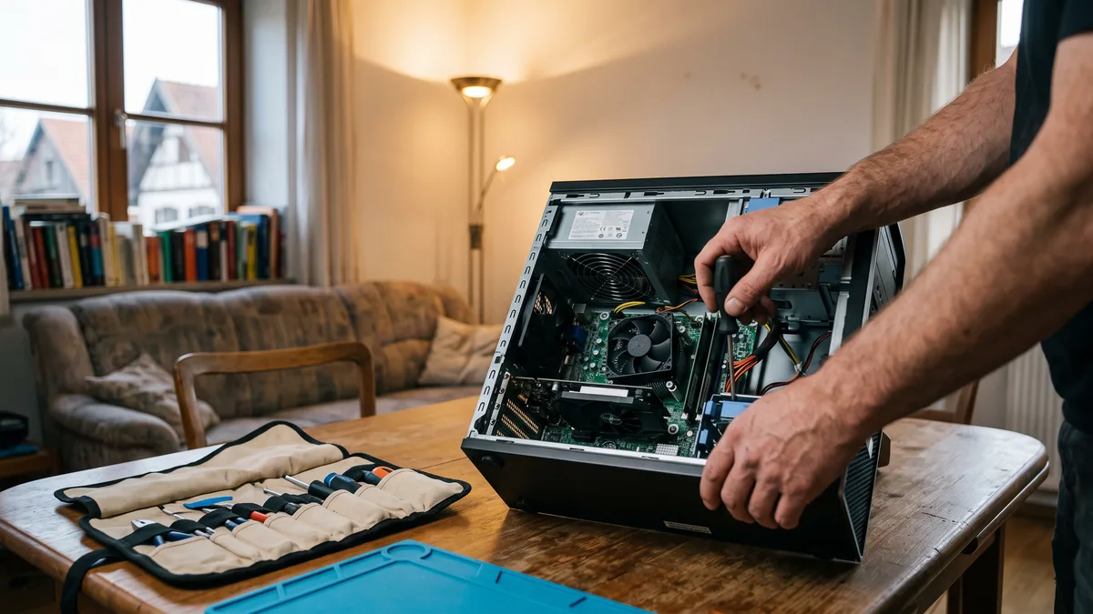 Geöffneter PC auf einem Wohnzimmertisch, daneben eine ausgerollte Werkzeugtasche, Hände arbeiten mit einem Schraubendreher im Gehäuse