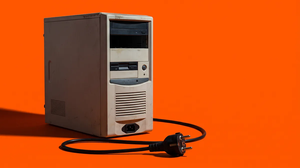 Älterer, vergilbter Desktop-PC mit gezogenem Netzstecker