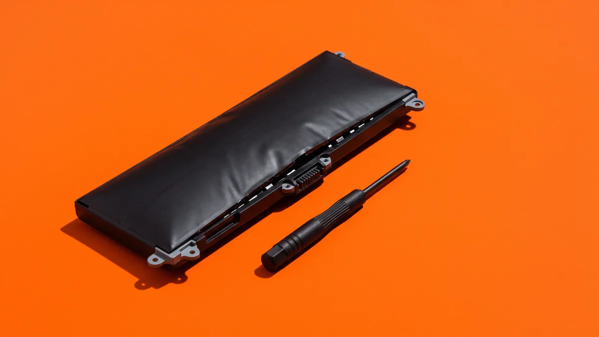 Ausgebauter Laptop-Akku mit deutlich aufgeblähtem Gehäuse, daneben ein Feinmechaniker-Schraubendreher