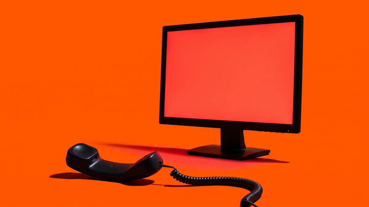 Monitor mit leuchtend rotem Bildschirm, davor liegt ein abgelegter Telefonhörer