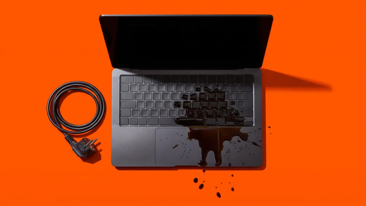 Aufgeklappter Laptop von oben, dunkle Flüssigkeit läuft über die Tastatur, daneben das aufgerollte Netzkabel