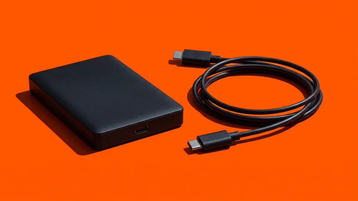 Eine kleine externe Festplatte liegt mit abgezogenem USB-Kabel daneben.