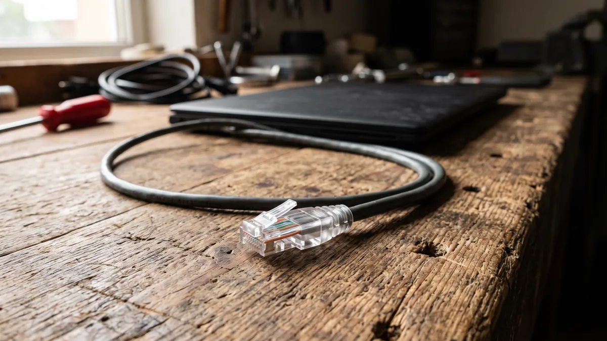 Herausgezogenes Netzwerkkabel auf einer abgenutzten Holzwerkbank, daneben ein zugeklappter Laptop — der erste Schritt: das Gerät vom Netz trennen