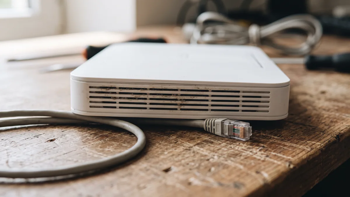 Weißer Router von der Seite auf einer abgenutzten Holzwerkbank, Staub in den Lüftungsschlitzen, davor das herausgezogene Netzwerkkabel mit freiliegendem Stecker