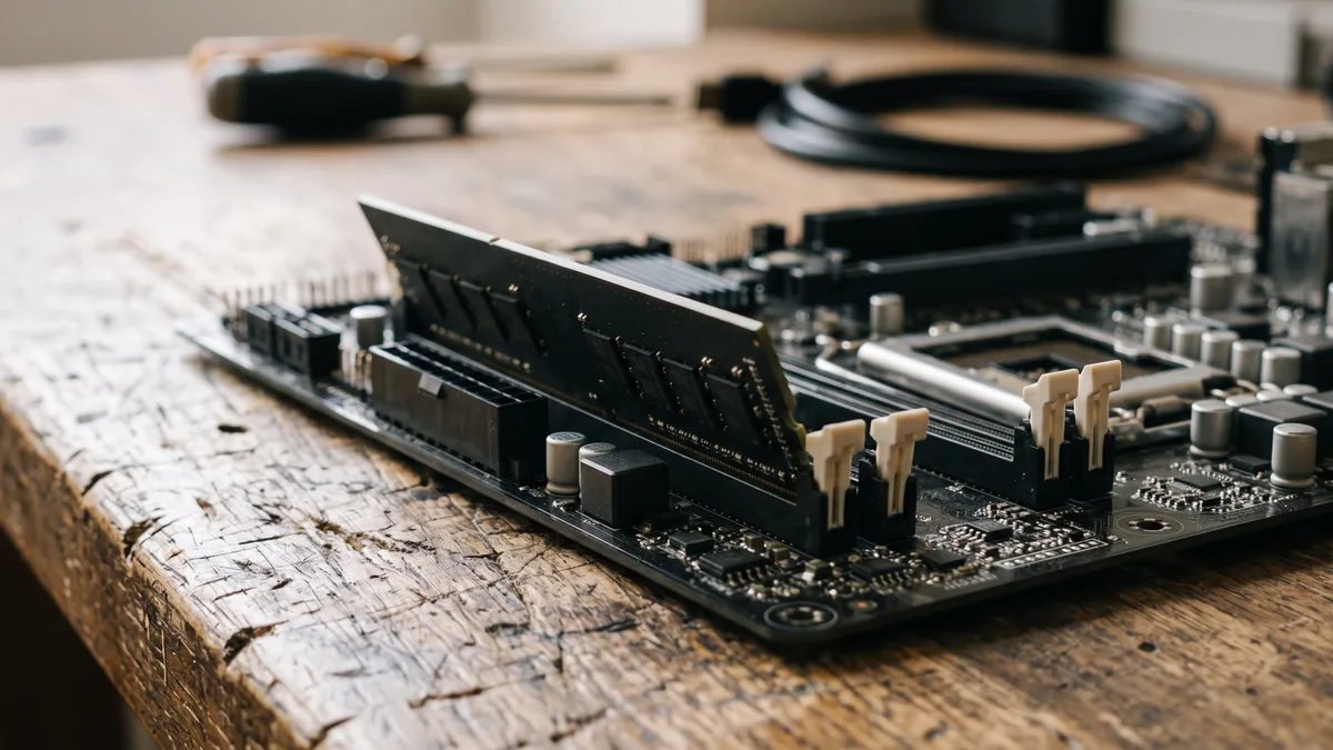 Aus dem Mainboard herausgehobener Arbeitsspeicher-Riegel auf einer abgenutzten Holzwerkbank, die Kontaktleiste liegt schräg über dem offenen Steckplatz