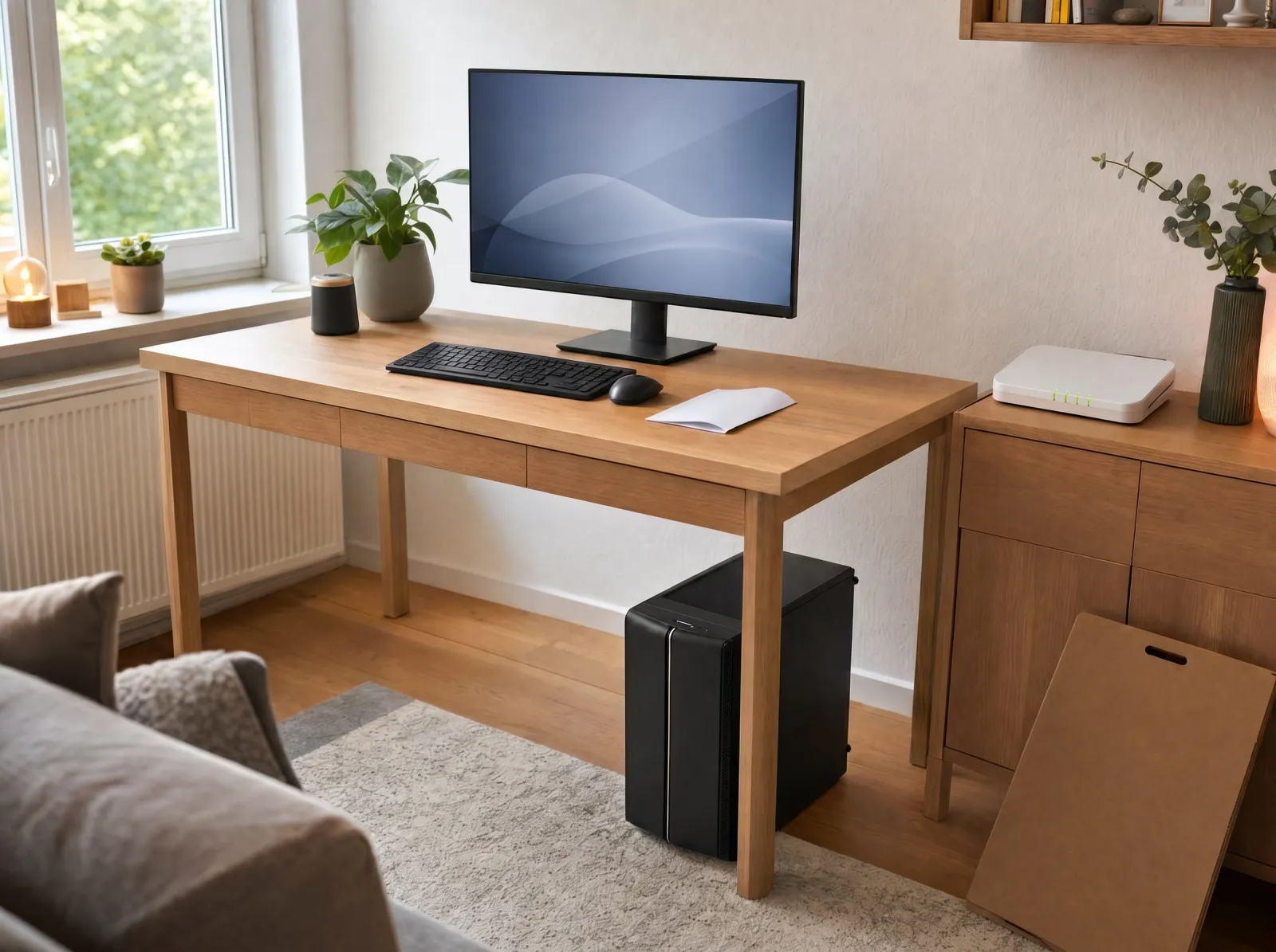 Fertig eingerichteter Arbeitsplatz zu Hause: neuer PC unter dem Schreibtisch, Monitor und WLAN-Router betriebsbereit