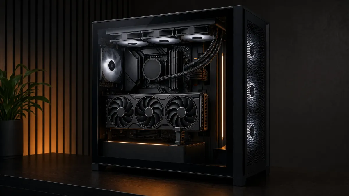 Gaming-PC-Build: schwarzer Tower mit Glasseitenteil, Wasserkühlung und Triple-Fan-Grafikkarte, dezent beleuchtet