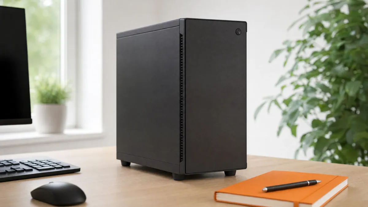 Kompakter, leiser Office-PC im schlichten schwarzen Gehäuse auf einem hellen, aufgeräumten Schreibtisch