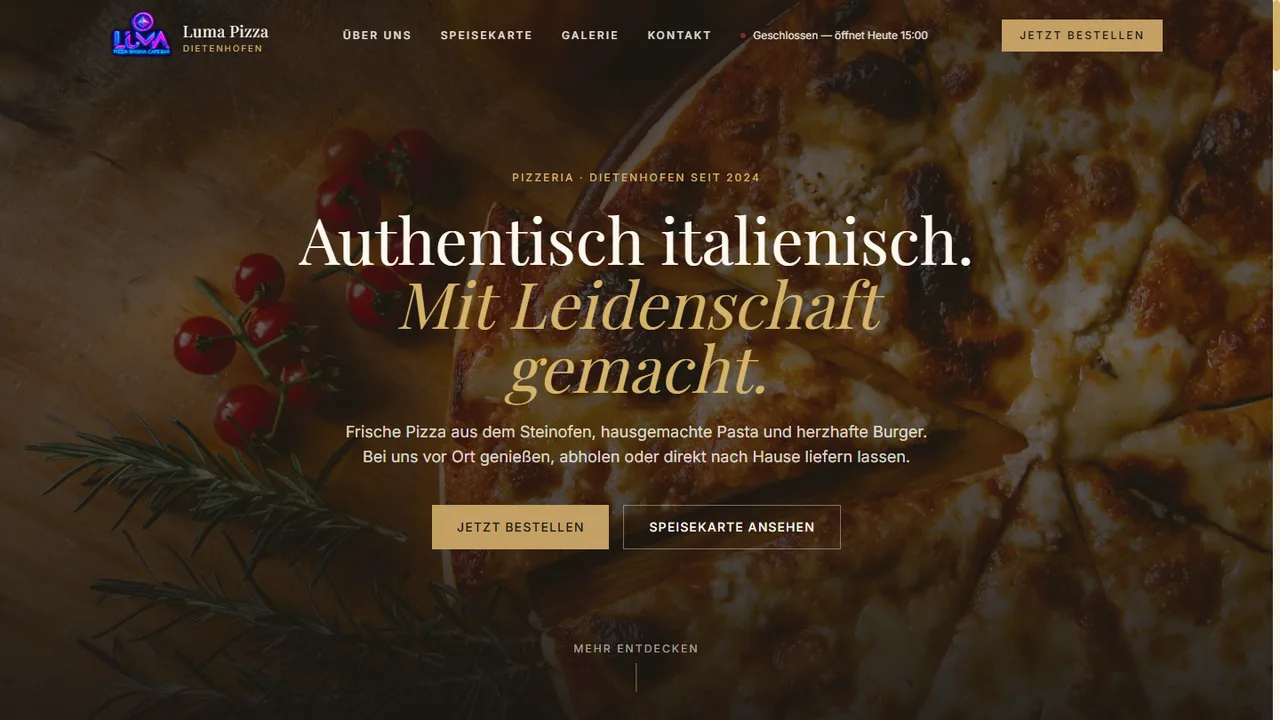 Screenshot der Website Luma Pizza