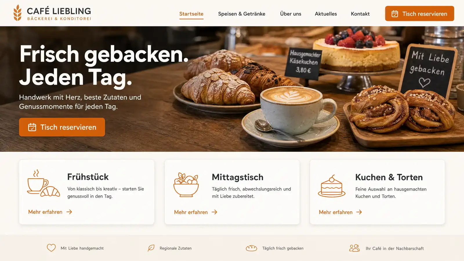 Website-Beispiel: einladende Seite eines Cafés & Bäckerei mit Speisen-Fotos