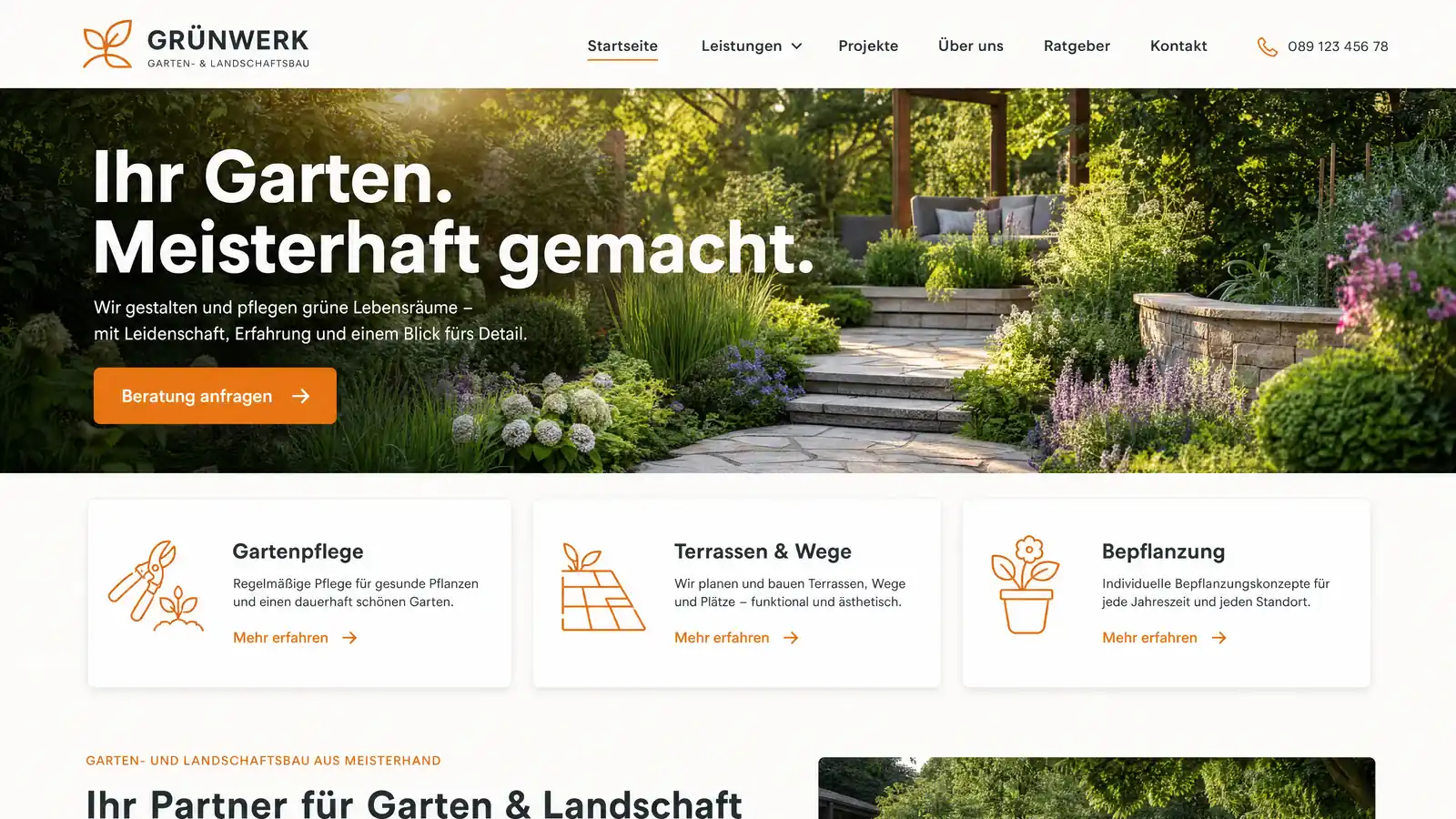 Website-Beispiel: Seite eines Garten- & Landschaftsbaubetriebs mit Garten-Foto