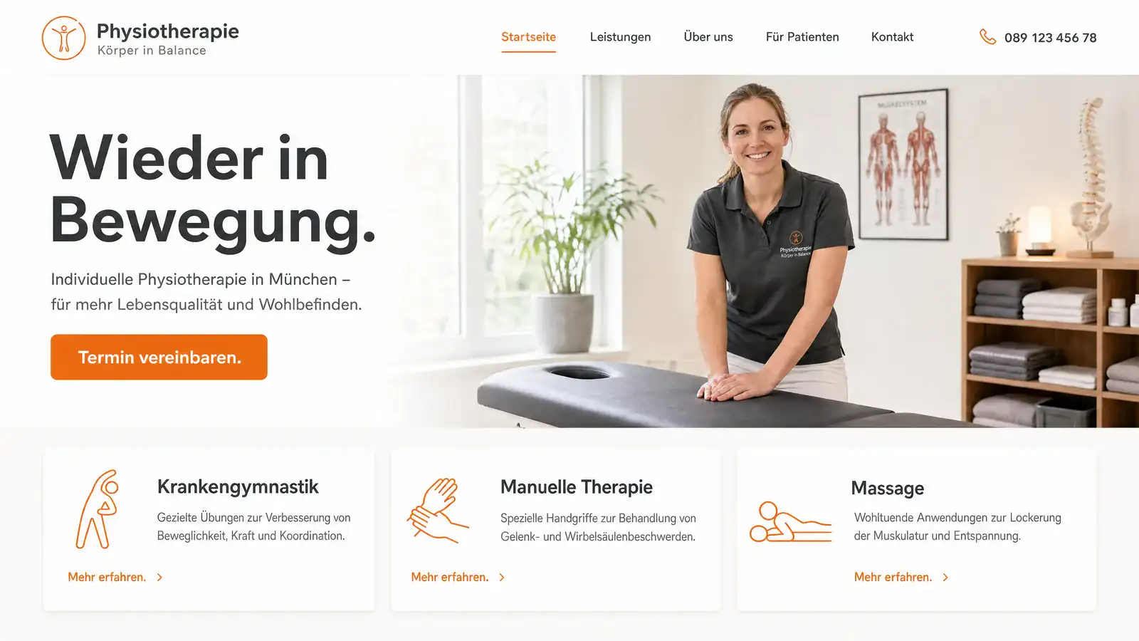 Website-Beispiel: Seite einer Physiotherapie-Praxis mit Behandlungsraum-Foto