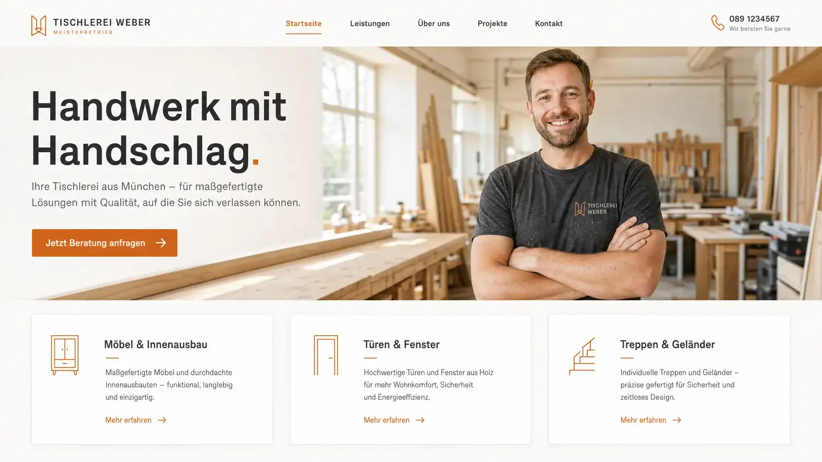 Website-Beispiel: moderne Seite einer Tischlerei mit Hero-Foto und Leistungs-Kacheln